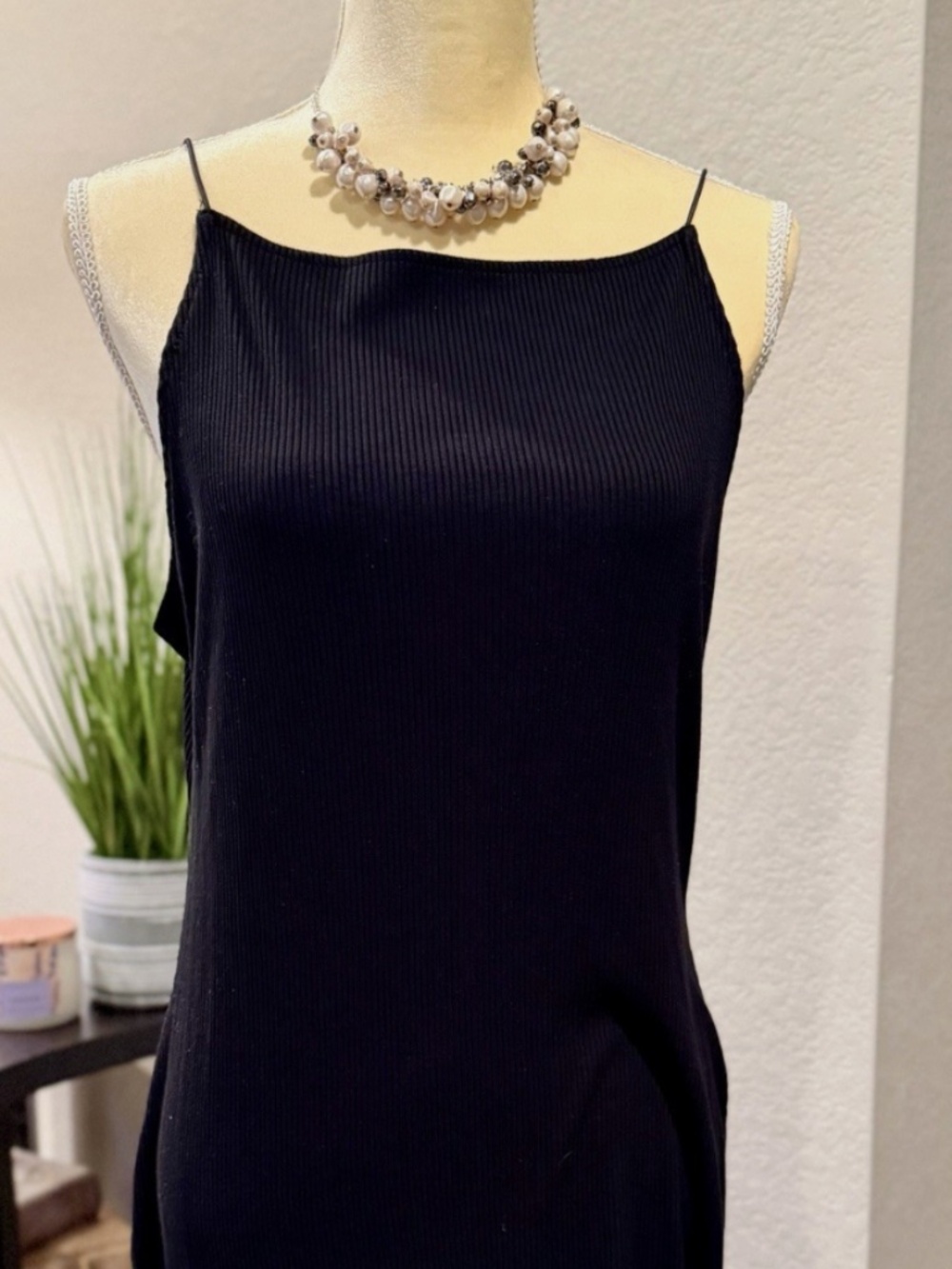 H&M Black Ribbed Scoop Neck Spaghetti Strap Low back Bodycon Mini Dress Size L